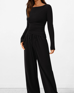 Ensemble de 2 pièces décontracté pour femmes, haut à manches longues et col rond + <span class=keywords><strong>pantalon</strong></span> large à taille haute, vêtements de détente doux et extensibles pour un usage quotidien - Product Image 5