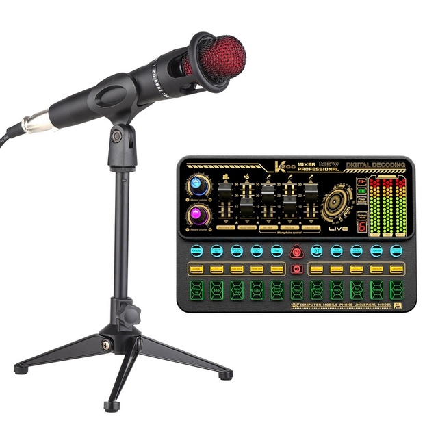 SK500 Portable Live Sound Card Voice Changer Device Audio Mixer Kit with Microphone Mic Stand Earphone for Smartphone Computer