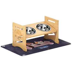 HOSTK Adjustable Bamboo Raised Dog Bowl Stand with Highly Absorbent Spill Proof Mat and 2 Stainless Steel Pet Dog Puppy Food