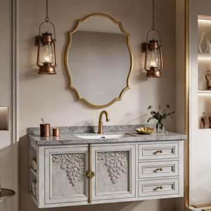 Meuble-lavabo de salle de bain de style européen BALOM, cadre en bois massif, plan de travail en pierre, miroir LED, ensemble complet pour les maisons haut de gamme - Product Image 6