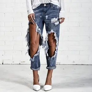 Calça jeans rasgada feminina, calça jeans com furos grandes casual vintage