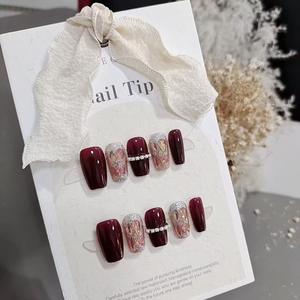 Lot de 10 faux ongles portables S061 Rouge Ciel Étoilé Courts avec Chaîne Échelle Strass Luxe Léger Mariage Haut de Gamme Élégant Résine Blanchissante - Product Image 1