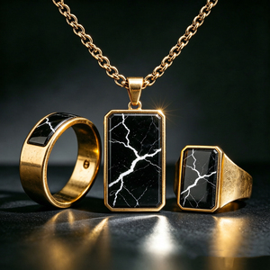 Collier pour homme en acier inoxydable avec pendentif rectangulaire géométrique, personnalisation de la bague en <span class=keywords><strong>marbre</strong></span> - Product Image 1