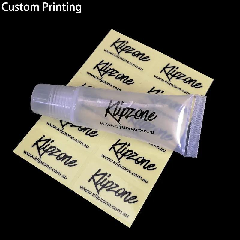 Adesivo de brilho labial com impressão personalizada, garrafa de plástico transparente, etiqueta de logotipo privado, bálsamo labial, etiquetas
