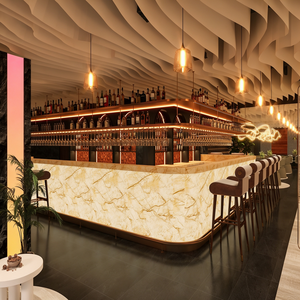 Projet de design d'intérieur de bar de restaurant moderne et luxueux sur mesure |   Comptoir de bar en marbre avec plafond ondulé, sièges en bois de noyer foncé - Product Image 1