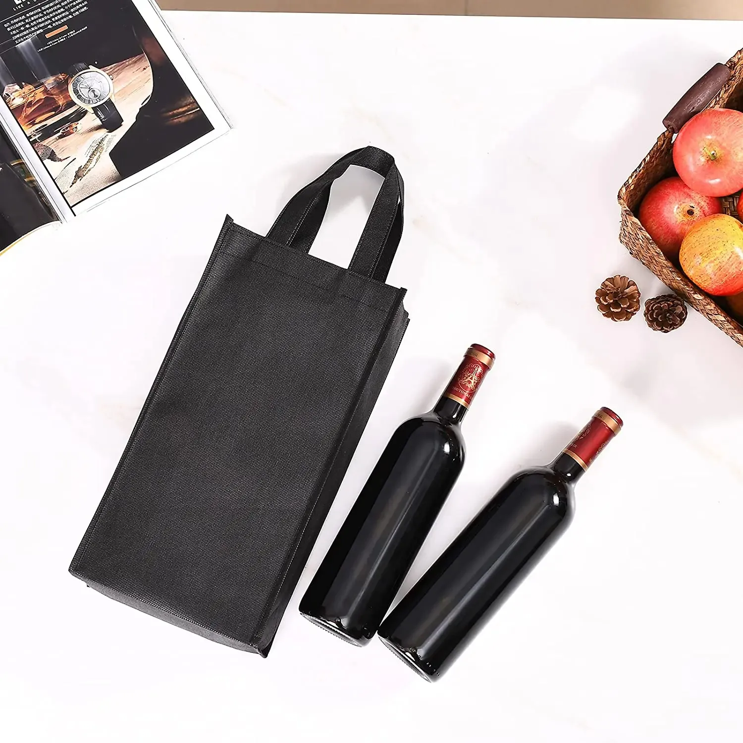 Custom riutilizzabile diviso 2 bottiglie di vino sacchetto di vino Non tessuto Tote Bag per vino con Logo