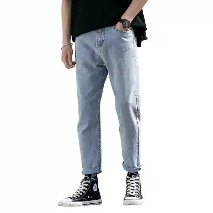 Jeans autumn new washed straight side seam pockets nine points pants casual men's clothing