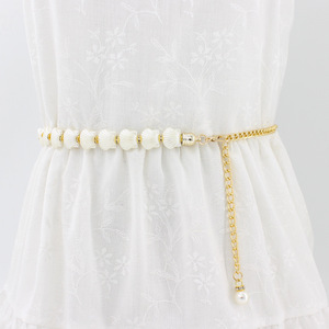 Cinturón de Metal para mujer, cinturón dorado sencillo con colgante de perlas y diamantes de imitación para fiesta de boda - Product Image 1