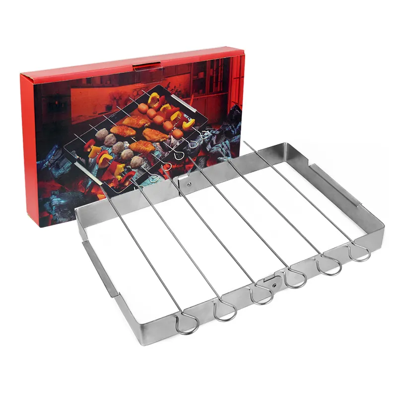Portable Grill Shish Kabob foldable stainless steel 6 skewer BBQ skewer rack Set