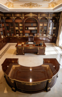 Bureau de direction en bois massif sculpté européen, laqué brillant, avec armoire latérale, bureau de direction en forme de L