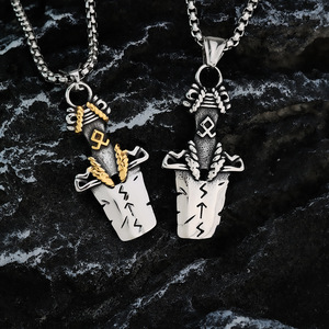 Collier pour homme avec pendentif épée viking nordique en acier inoxydable, perles carrées biseautées, design géométrique, cadeau - Product Image 1