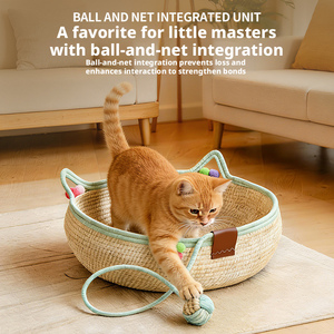 Cuccia per Cani e Gatti in Bambù e Fibra Intrecciata a Mano con <span class=keywords><strong>Tiragraffi</strong></span> e Palla Gioco, Cesto Lavabile per Tutte le Stagioni, per Animali Domestici da Interno - Product Image 4