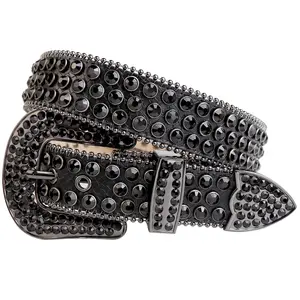Cinturón de diamantes de imitación occidental clásico para hombres y mujeres Simon Luxury Cowboy Cowgirl Cinturón de cuero ostentoso con tachuelas 1,5 "de ancho