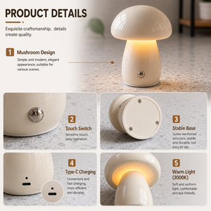 Lámpara de Mesa Recargable Estilo Nórdico con Forma de Hongo, Luz LED Decorativa Inalámbrica, Carga Tipo C, Regulación Continua, Lámpara de Noche Cálida - Product Image 4