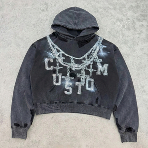 เสื้อฮู้ดดี้ผู้ชายสไตล์สตรีทแวร์ทรงบ็อกซี่ หนัก 400 GSM ผ้าคุณภาพสูง สีดำ ลายพิมพ์แบบกำหนดเอง OEM สไตล์วินเทจ ลุคทำเก่า ขัดผิว - Product Image 2