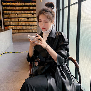 Stile britannico Vintage primavera autunno inverno giacca cintura per signore <span class=keywords><strong>nero</strong></span> lungo in <span class=keywords><strong>pelle</strong></span> <span class=keywords><strong>Trench</strong></span> <span class=keywords><strong>donna</strong></span> - Product Image 3