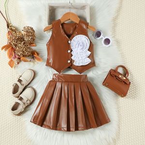 Conjunto <span class=keywords><strong>de</strong></span> Ropa <span class=keywords><strong>de</strong></span> Verano 2026 para Niña, <span class=keywords><strong>Chaleco</strong></span> <span class=keywords><strong>de</strong></span> Cuero Sintético con Flores 3D + Falda Plisada, 2 Piezas - Product Image 3