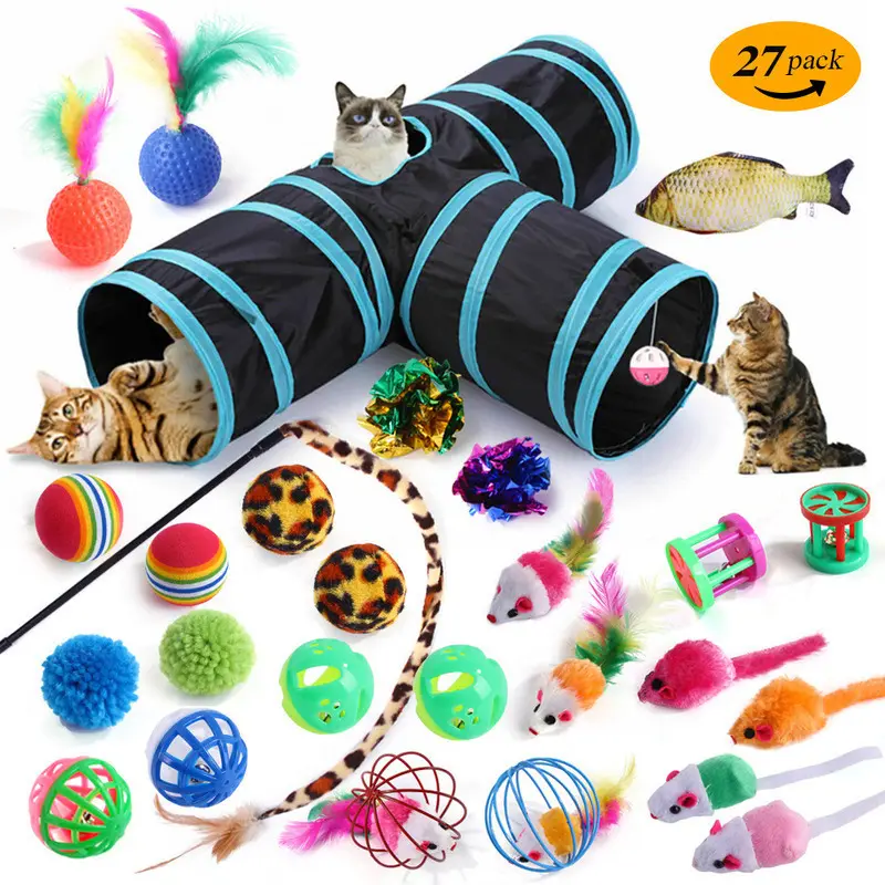 Manufacturer Wholesale 21 Packs Tunnel Mouse Plush Ball Bell Interactive Cat Toys Set