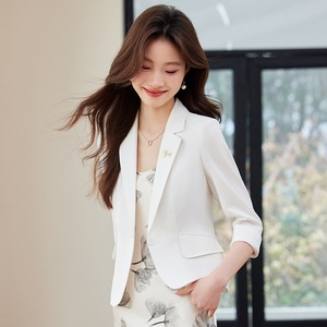 <b>White</b> Women's Short Blazer Lightweight <b>Summer</b> Casual Suit Solid Color Breathable Polyester 80g Slim Fit Petite Style - Product Image 1