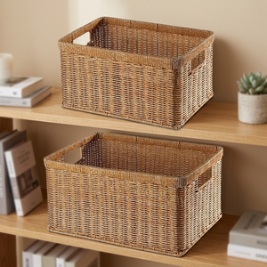 Rattan <b>Storage</b> <b>Baskets</b> Rectangle <b>With</b> Handles Rustic Multi Purpose Neatening Organizers - Product Image 3