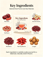 Mélange de tisanes cinq rouges pour la circulation sanguine, avec dattes rouges, cacahuètes à peau rouge, baies de goji rouges et longanes, vente en gros