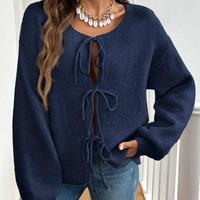 Strickjacke mit Rundhalsausschnitt und Schnürung, schlichter, lässiger Pullover für Damen, einfarbig, für den Herbst