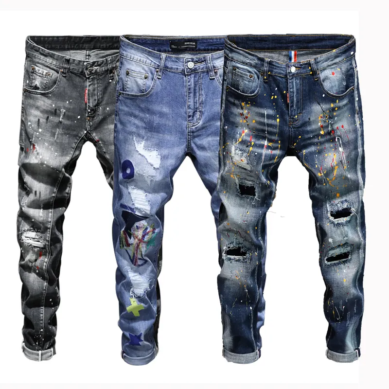 2022 Men's Jeans Paint Quality Elastic Pant Streetwear Patchwork Man Jeans Skinny Trousers Ripped Embroidered Denim Pants