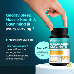 Biokom แคปซูลแมกนีเซียมไกลซิเนต400มก. 120ชิ้นพร้อมเคอร์ซิตินเพื่อการนอนหลับที่มีคุณภาพการผ่อนคลายสุขภาพของกล้ามเนื้อและการสนับสนุนภูมิคุ้มกัน - Product Image 4