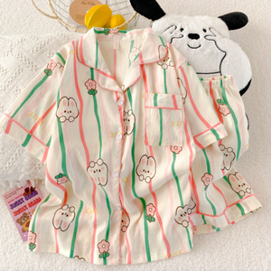 Femmes été à manches courtes Cardigan pyjamas ensemble nuage coton thermique maison vêtements costume revers dessin animé conception vêtements de nuit Shorts - Product Image 6