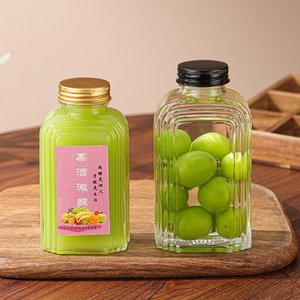 Botella <span class=keywords><strong>de</strong></span> Vidrio Cuadrada <span class=keywords><strong>de</strong></span> 350 ml con Rayas para Jugo, Bebidas y Licores - Product Image 3