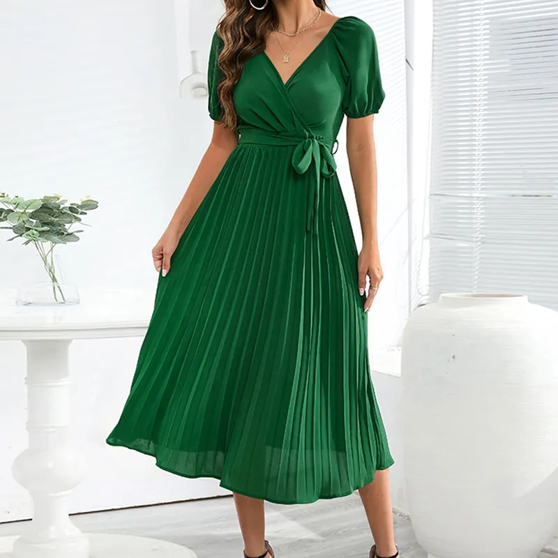 Women Wedding Guest Dress Short/Long Sleeve Wrap Elegant Short Dress Casual V Neck Pleated Mini Dress with Belt S-XXL