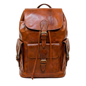 Sac à dos antivol en cuir marocain fait main, tanné végétal, pleine fleur, couleur cognac, 3 poches, pour voyage, avec bandoulière arquée - Product Image 1
