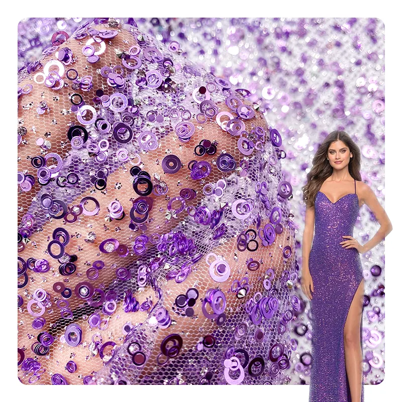 Hot Sale in-Stock Shiny Purple Glitter Sequin Lace Fabric Stretch Sequin Purple Mesh Fabric For Fashion Dress