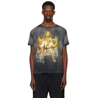 Modieus trendy rib gebreide crewneck t-shirt met verbleekte en verweerde effecten, 100% katoenen jersey, ademend, milieuvriendelijk, losvallende pasvorm, grijs, met print.