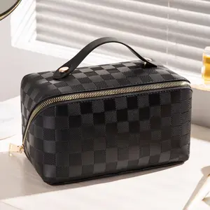 Neuzugang weiche Pu-Große Kapazität wasserdichte Checker-Kosmetiktasche Reisetui-Beutel individuelle Make-up-Taschen für Damen