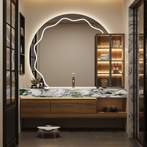 Meuble de salle de bain mural intelligent avec vasque en céramique sans joint, style hôtel, en marbre de luxe et pierre, et armoire à miroir. - Product Image 1