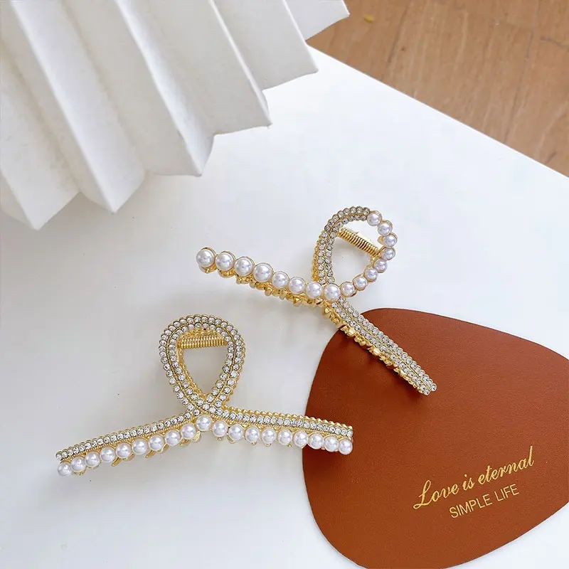 Pinzas de Metal para el pelo para mujer, 11,5 cm, elegante, perla, diamantes de imitación, pinzas cruzadas para el pelo