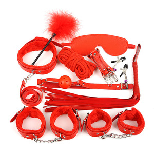 Ensemble de 10 pièces en cuir et peluche sexy, noir et rouge, pour adultes, stimulation, flirt, domination, jouets de bondage - Product Image 3