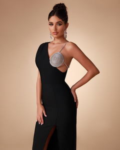 Abito da sera <span class=keywords><strong>con</strong></span> fasciatura elegante nera Ocstrade abito da sera <span class=keywords><strong>lungo</strong></span> <span class=keywords><strong>con</strong></span> spalline sottili e diamanti <span class=keywords><strong>con</strong></span> una spalla - Product Image 2