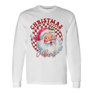 Camiseta de Manga Larga con Diseño a Cuadros Rojos y Blancos con la Cara de Santa Claus, Ambiente Navideño - Product Image 1