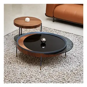 Luxury Circle Coffee Table Wooden Metal Leg Design Living Room Tempered Side Table Teatables Tempered Glass Top With Wood Base