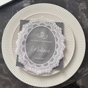 Carte d'invitation de mariage personnalisée ovale en polyester avec dentelle, style vintage élégant et romantique, pour dîner en forme de cœur, invitations de table - Product Image 5