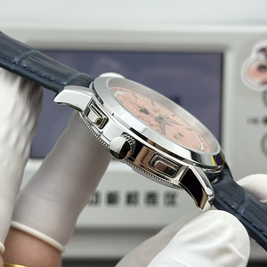 Reloj de Pulsera de Lujo para Hombre, Cronógrafo con Esfera de Salmón, Fase Lunar, Automático, Caja Plateada, Correa de Cuero Azul, Gran Venta 2026 - Product Image 3