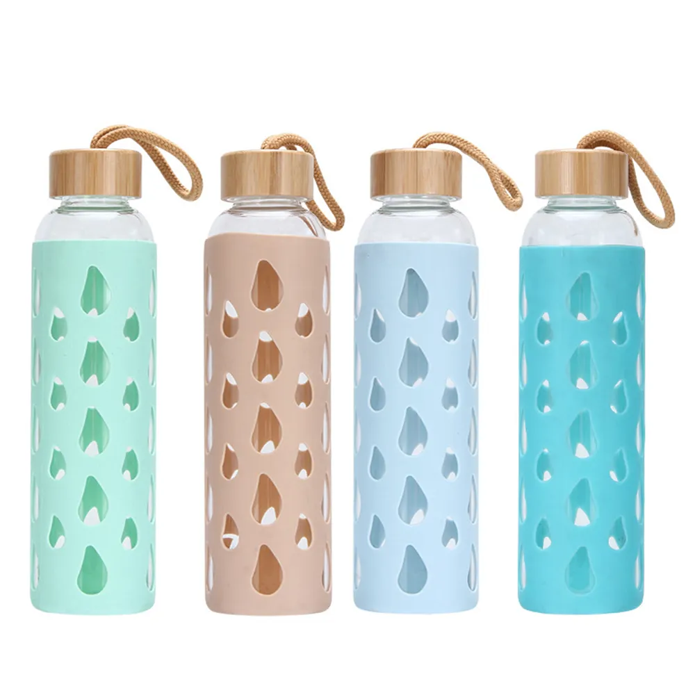 New style 600ml bamboo lid silicone sleeve outdoor glass water bottle