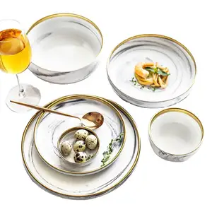 Zogifts Ensembles de vaisselle gris blanc de haute qualité Service de table en marbre Vaisselle à bord doré