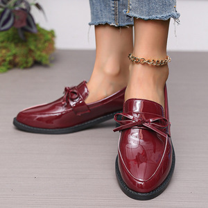 Bow Thick Heel Slip-on Small Leather Shoes Autumn Retro Plus Size Pointed Toe Mid Heel Flats 43 - Product Image 2