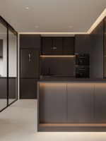 Meubles de cuisine modernes minimalistes en mélamine bois foncé avec éclairage LED intégré, ensemble de meubles de luxe sans poignées sur mesure