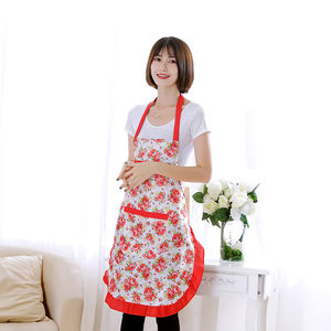Tablier de cuisine en polyester pas cher en gros d'usine avec poche sans manches, dentelle en organza, imprimé floral, vêtements de cuisine pour chef - Product Image 4