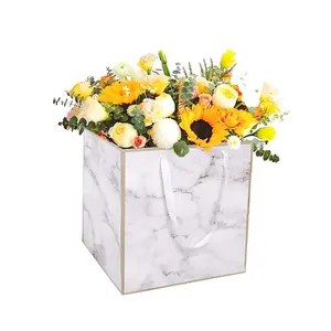 Heavy Duty Recycled White Gloss Paper Extra Large Marble Print Flower Gift Bag with Nylon Rope Handles