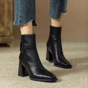 Botines de tacón cuadrado marrón para mujer 2026, con cierre de cremallera, punta cuadrada delgada, estilo retro británico, cómodos y versátiles para otoño/invierno - Product Image 3